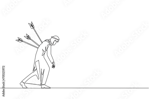 Single continuous line drawing Arab businessman standing and several arrows stuck in the back. Attacked from behind. Destroyed and helpless. Fake partner. Traitor. One line design vector illustration