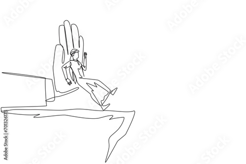 Single one line drawing Arab businessman standing on edge of cliff. Something big wants to bring down the business. Invisible enemy. Bring down competitor. Continuous line design graphic illustration