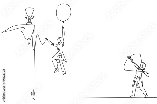 Continuous one line drawing Arab businesswoman wants to achieve prizes at peak of career. Getting resistance from all directions. Painful failure. Traitor. Single line draw design vector illustration
