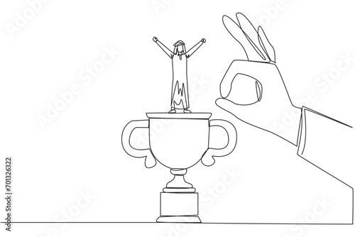 Single continuous line drawing Arabian businessman standing on big trophy. Celebrating the success of business. Got fraudulent business opponents. Falling helpless. One line design vector illustration