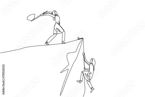Single continuous line drawing Arabian businesswoman climbs cliff with rope. Almost successful. Rudely dropped by a business friend. Fake partner. Worst teamwork. One line design vector illustration