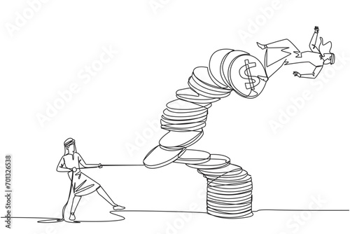 Single one line drawing Arab businessman pull one of piles of coins who made person on top fall. Business fraud. Misappropriation of office money. Traitor. Continuous line design graphic illustration