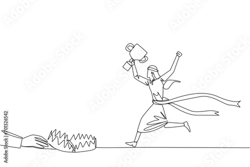 Single one line drawing Arab businessman running with trophy. Dangerous business trap. Trap that really brings down business. Fake friend. Traitor. Rival. Continuous line design graphic illustration
