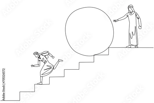 Continuous one line drawing Arabian businessman running down stairs avoiding big ball. Attacked by business friend. Traitor in business. Cheating. Betray. Single line draw design vector illustration