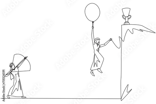 Single continuous line drawing Arab businessman wants to achieve prizes at the peak of the career. Getting resistance from all directions. Painful failure. Traitor. One line design vector illustration