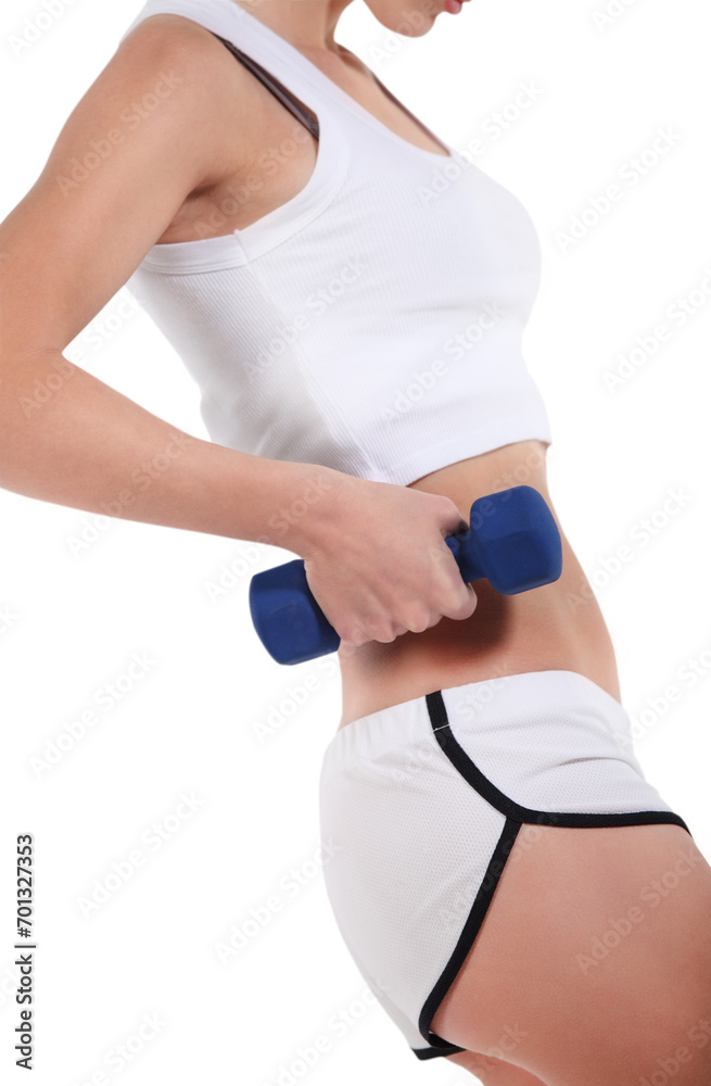 Sporty woman with barbell on white background Sporty woman with barbell on white background