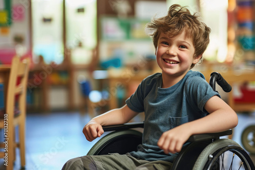 Cheerful little boy sitting in a wheelchair in class with his classmates to learn new lession,