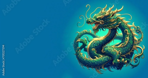  green dragon isolated on blue background, generative ai
