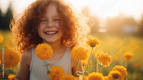 a little girl standing in a field of yellow flowers with her hair blowing in the wind and smiling at the camera.