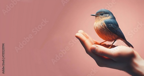 A small bird with blue feathers sits on a person's hands, generative ai