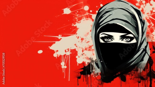 Wallpaper Mural  a woman wearing a black niqab on a vibrant red background Her face is partially obscured by the veil, and her eyes are visible through the veil Her hair is pulled Torontodigital.ca