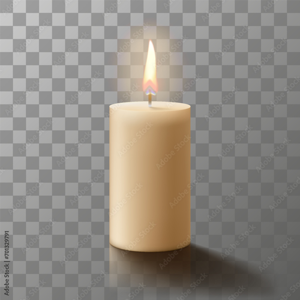 Burning wax candle. Aromatic decorative round cylindrical candle sticks with burning flames on transparent background. Vector 3D realistic isolated decoration white or beige element design. Mockup Burning wax candle. Aromatic decorative round cylindrical candle sticks with burning flames on transparent background. Vector 3D realistic isolated decoration white or beige element design. Mockup