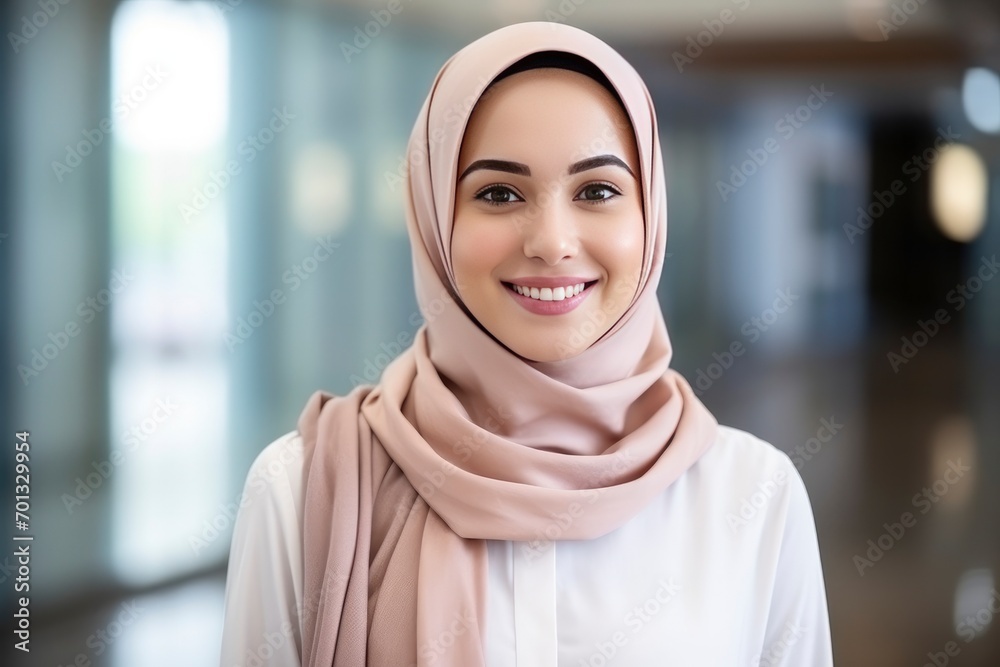 Portrait of beautiful young Muslim woman with hijab smiling on outdoor background Portrait of beautiful young Muslim woman with hijab smiling on outdoor background