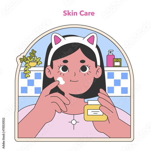 Skincare routine illustration. A cozy portrayal of a daily facial regimen with a playful touch. Charming details emphasize the joy of self-care. Flat vector illustration.