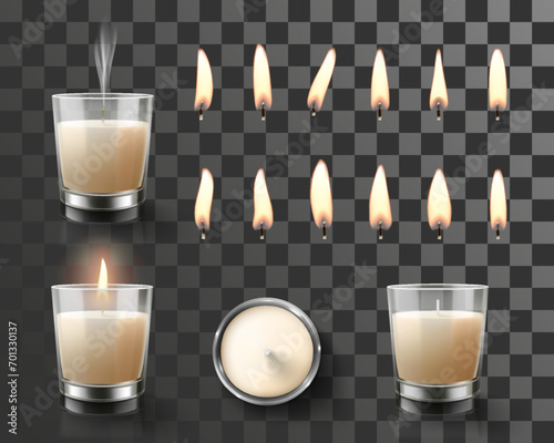 Set of wax Candles in Glass candlestick and lights from candles flames different shapes isolated on transparent background. Candlelight, aromatherapy, meditation. Realistic 3d Vector illustration.