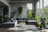 Interior of modern living room with grey sofas and houseplants