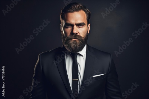 portrait of a stylish bearded man in suit with dark background