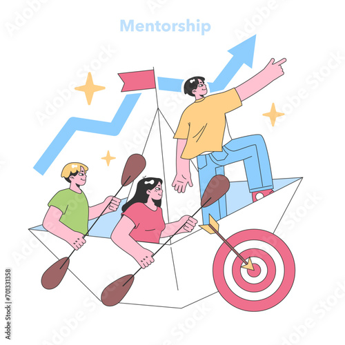 Guiding mentor leads eager learners towards their target, symbolized by an arrow hitting the bullseye. Teamwork and mentorship in achieving business success. Flat vector illustration