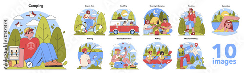 A series of colorful, playful vector illustrations showcasing various outdoor activities, including camping, biking, fishing, and hiking, encapsulating the joy of nature adventures.