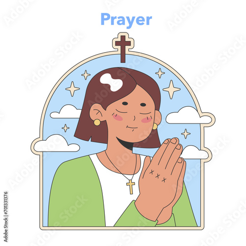 Prayerful devotion illustration. A serene woman with clasped hands and a cross necklace, symbolizing personal faith and reflection in Christianity. Flat vector illustration.