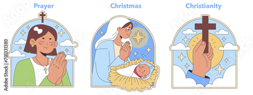 Christianity set. Devout prayer, serene Nativity scene, and the Cross as faith's symbol. Personal devotion, Christmas celebration, Christian emblem. Flat vector illustration