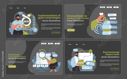 Dynamic CSR solutions set. Illustrating green tech adoption, breakthroughs in sustainability, and rigorous environmental research. Pioneering eco audits for a viable future. Flat vector illustration.