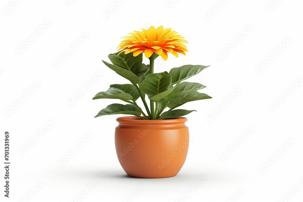 decorative flower in a pot isolated on white background, 3D illustration