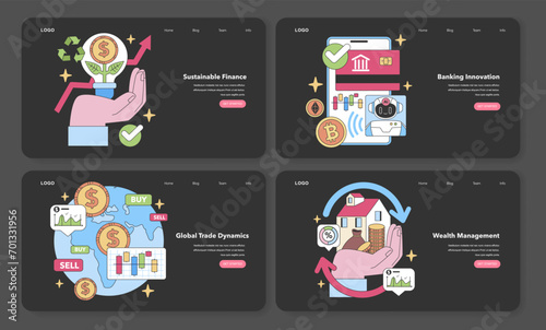 Financial visions web or landing. Showcases green investing, tech banking, world commerce, and asset allocation. Future of finance visualized. Flat vector illustration.