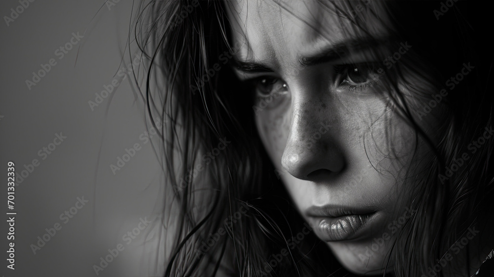 Close up Sad depressed desperate grieving crying woman close to the window