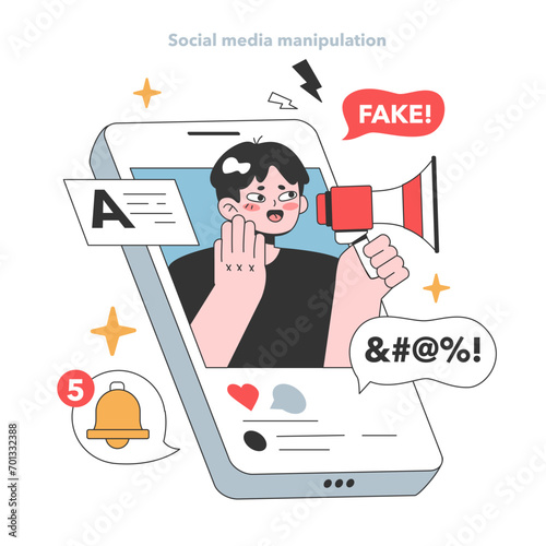 Young man on smartphone screen refutes falsehoods, depicting the growing issue of social media manipulation and the spread of fake news. Flat vector illustration