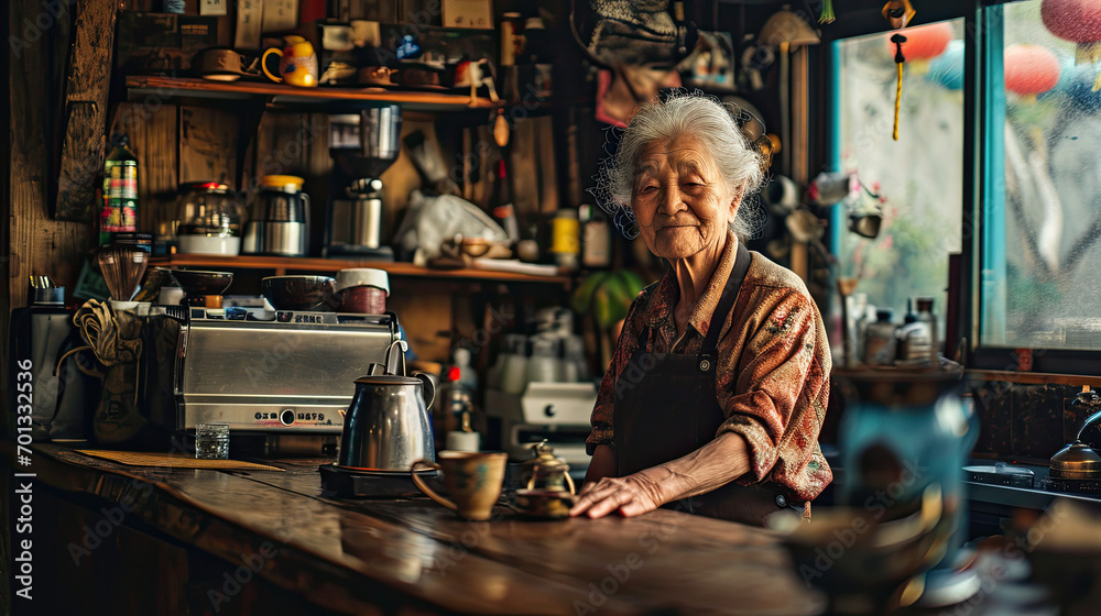 Senior woman barista grandma aged society coffee business family Senior woman barista grandma aged society coffee business family