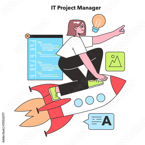 An IT Project Manager propels projects forward with vision and innovation, symbolized by a rocket, highlighting the dynamic nature of managing tech initiatives.
