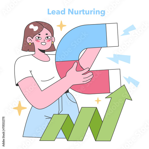 Focused woman engaging in lead nurturing, manipulating growth chart and magnet to attract potential leads. Flat vector illustration