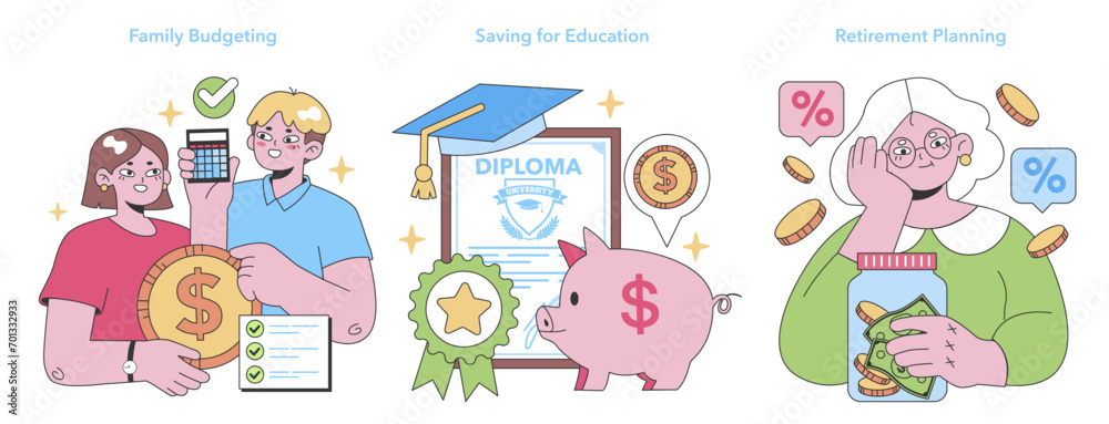 Life's Precious Moments trio. Managing finances for family, education, and retirement. Strategy for savings, tuition, and senior living. Flat vector illustration Life's Precious Moments trio. Managing finances for family, education, and retirement. Strategy for savings, tuition, and senior living. Flat vector illustration