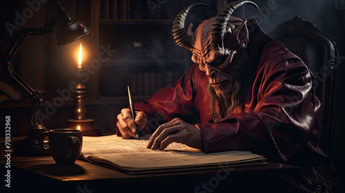The devil Signing a contract in his office. 