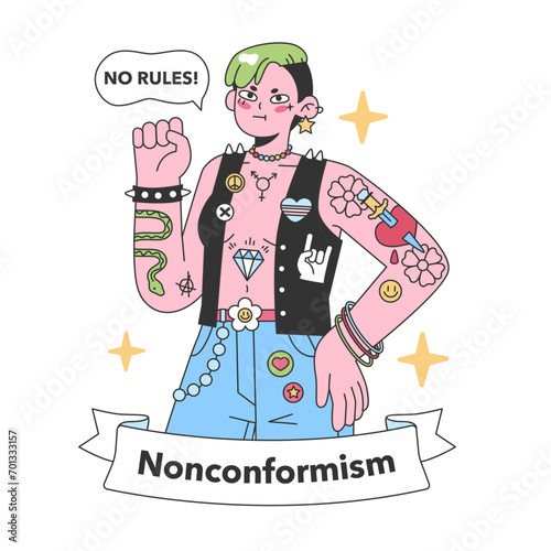 Nonconformism personified in a vibrant character, rebelling against norms with a spirited 'No Rules' mantra. Bold defiance in colorful art. Flat vector illustration.