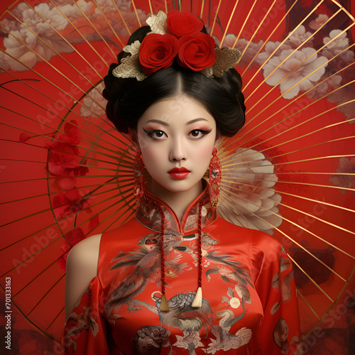 potrait for chinese young lady who wear chinese traditional dress and chinese traditional umbrella as a background