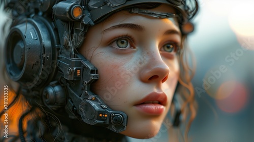 close up portrait of a Robot woman with makeup, background large ratio 16:9 [AI]