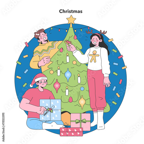 Christmas Festivities. Smiling individuals exchange gifts and decorate the tree, embracing the spirit of the season. Flat vector illustration