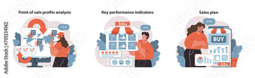 Retail Profit Plan set. Global sale analysis, key metric tracking, and strategic sales planning. Enhancing retail decision-making and market understanding. Flat vector.