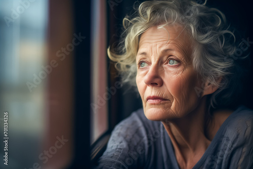 Worried old woman watches out the window. Depressed and desperate woman.