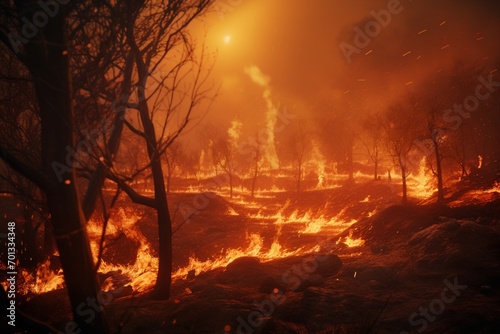 Fire ravaging a landscape, leaving a trail of destruction.
