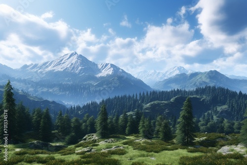 forest landscape featuring mountains and a vast sky.