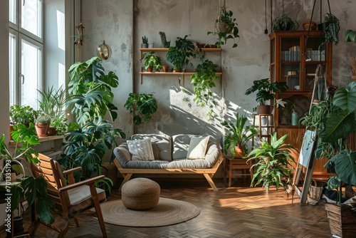 Interior of modern minimalist living room with many houseplants
