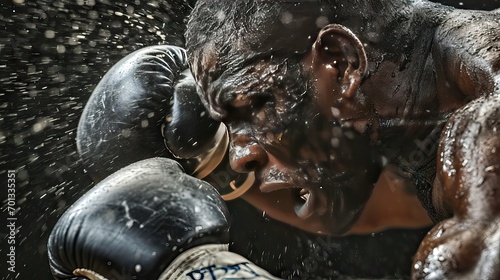 A heavyweight boxer in the peak intensity of the fight, showcasing determination and skill. A moment capturing the essence of boxing's drama. Generative AI photo