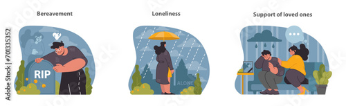Widowhood journey set. Coping with loss, embracing solitude, and receiving compassion. Stages of grief visualized. Flat vector illustration.