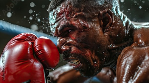 "A heavyweight boxer receiving a powerful punch to the face, capturing the intense and dynamic nature of the sport. A moment of raw athleticism. Generative AI.