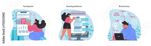 Branding essentials set. Interactive touchpoints, comprehensive guidelines, and storytelling. Crafting a narrative in brand building. Flat vector illustration.
