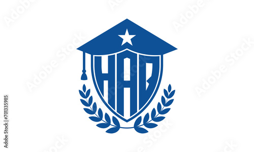 HAQ three letter iconic academic logo design vector template. monogram, abstract, school, college, university, graduation cap symbol logo, shield, model, institute, educational, coaching canter, tech photo