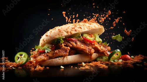 Delicious grilled turkish or beef meat sandwish boasting a medley of soaring ingredients and spices served hot and ready to savor. Commercial advertisement menu banner with copyspace area